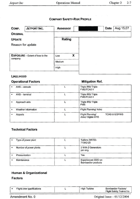 Cette figure est la page 2-7, chapitre 2, du manuel d'exploitation de Jetport Inc. Elle donne le profil des risques de la compagnie. Elle montre les facteurs opérationnels, les facteurs techniques et les facteurs humains et organisationnels par probabilité et donne la référence d'atténuation