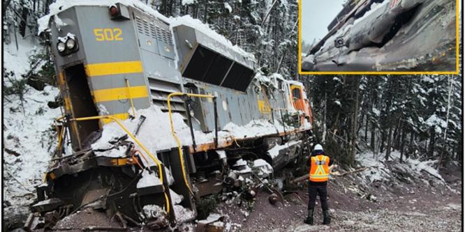 Figure 3. Derailed locomotive QNSL 502 with inset showing its punctured fuel tank  (Source of main image: TSB. Source of inset image: TSB)